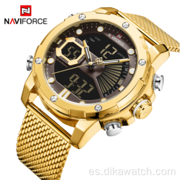 NAVIFORCE 9172 relojes deportivos impermeables para hombres, relojes de pulsera digitales militares con correa de acero de cuarzo dorado, reloj Masculino